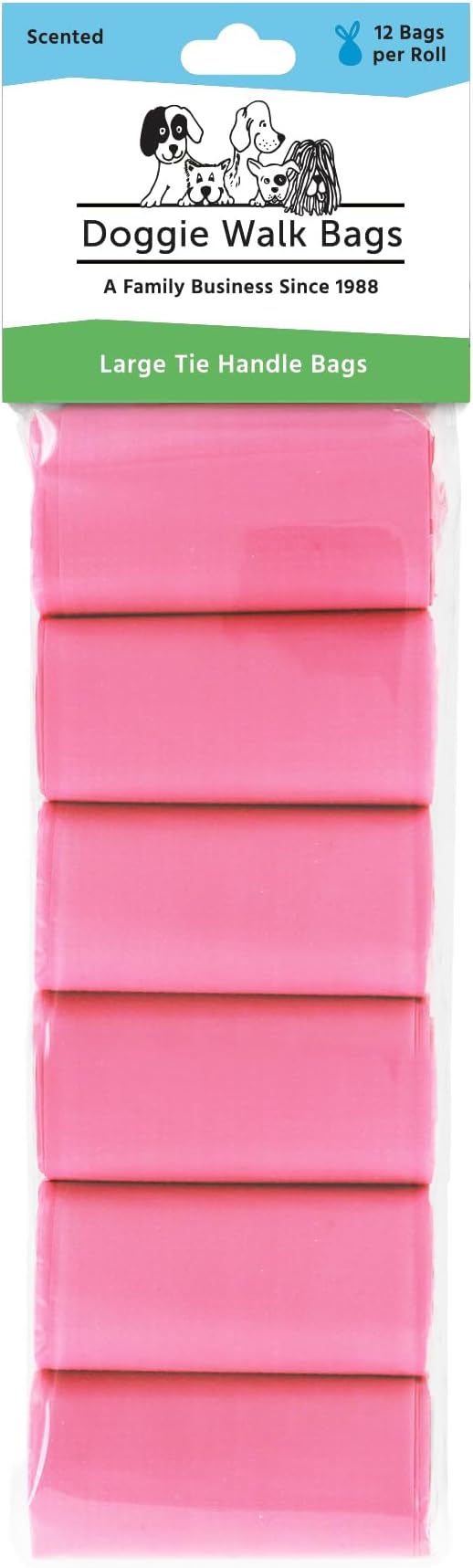 Large Dog Waste Bags on a Roll with Easy Tie Handles, Extra Thick and Strong Poop Bags, 72 Count, Scented, 5.5 x 5.5 x 17 Inches
