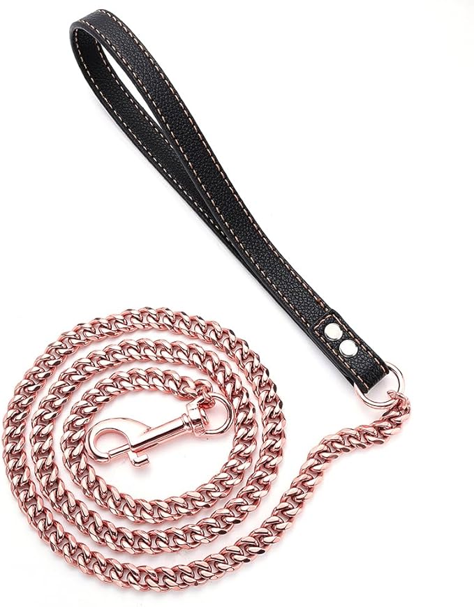 Rose Gold Dog Leash 11mm Cuban Link Chain Dog Leash Durable Stainless Steel Metal with Leather Handle for Small Medium Large Dogs 3FT/4FT/5FT(11mm,3ft)…