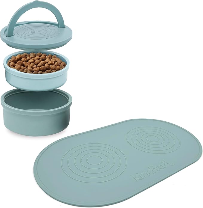 KindTail Pet Bowl Set + Silicone Pet Food Mat - Includes (2) Portable Pet Bowls with Lid & Handle + (1) Waterproof Pet Feeding Mat - Made from Food-Grade, Dishwasher-Safe Materials - BPA & Toxin-Free