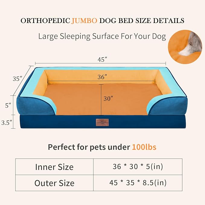 Comfort Expression Orthopedic Dog Bed for Extra Large Dogs 45x35 Inch, Waterproof Egg Crate Foam XL Pet Bed with Removable Bolsters, Dog Couch with Washable Cover & Non-Slip Bottom, Golden Harbor