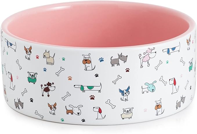 FE FUN ELEMENTS Ceramic Dog Bowls for Small Dogs, 16 Fl Oz Heavy Food and Water Bowl with Adorable Patterns (Small, Pink)