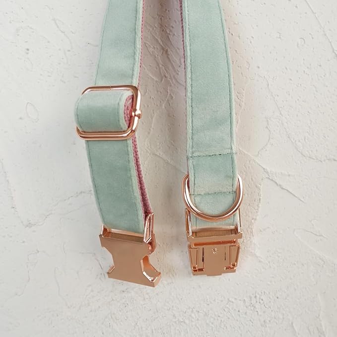 PETDURO Custom Dog Collar Personalized with Name Engraved Quick Release Rose Gold Metal Buckle for Large Medium Small Girl Dogs - Dog Leash and Bow Tie Available - Soft Comfy Velvet (Mint Pink, M)