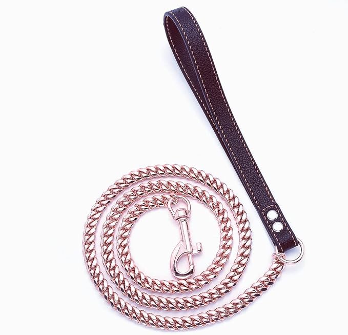 Rose Gold Dog Chain Leash 10MM 14MM Curb Cuban Link Chain Dog Leash Strong Chew Proof Stainless Steel Leash 3FT/4FT/5FT for Small Medium Large Dogs(10mm,3ft)…