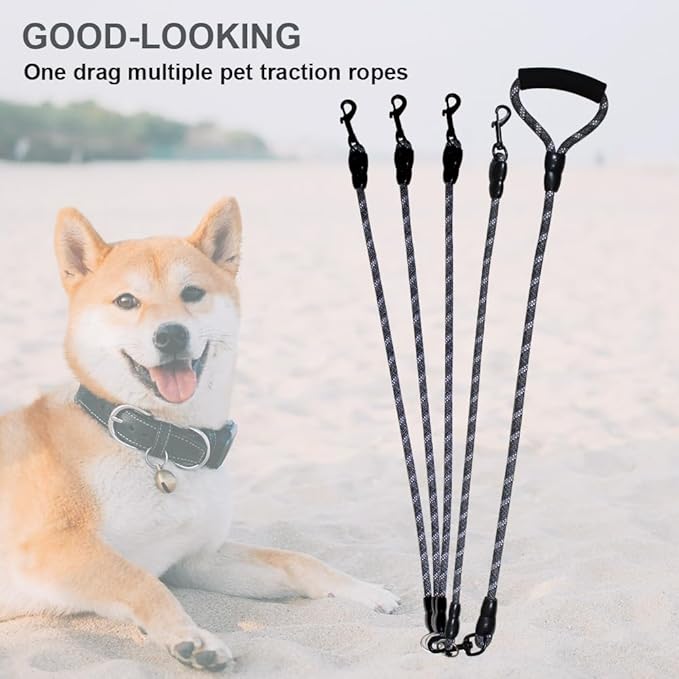 Dual Dog Leash 360° Tangle-Free - Reflective Heavy Duty, Comfortable Handle for Small/Medium/Large Dogs, Support Multiple Rope Addition (Black 1, Four Leashes)
