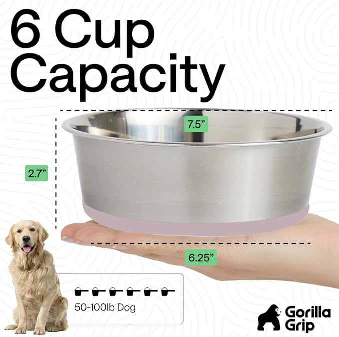 GORILLA GRIP Set of 2 Dog Bowls, Holds 6 Cups (48 fl oz), Heavy Duty Metal Food and Water Bowl for Feeding Dogs and Cats, Dishwasher Safe, Rust Resistant Stainless Steel, BPA Free Rubber Base, Lt Pink