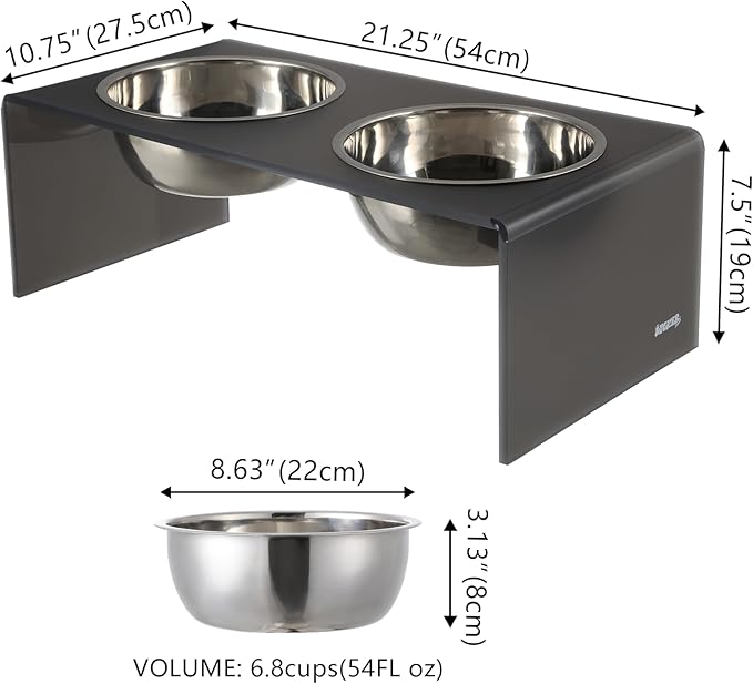The LICKER Store DBL2001J Keaton 7.5" Medium/Large Modern Acrylic Rectangular Elevated Pet Feeder with 54oz 2-Stainless Steel Bowls, Dark Gray/Chrome