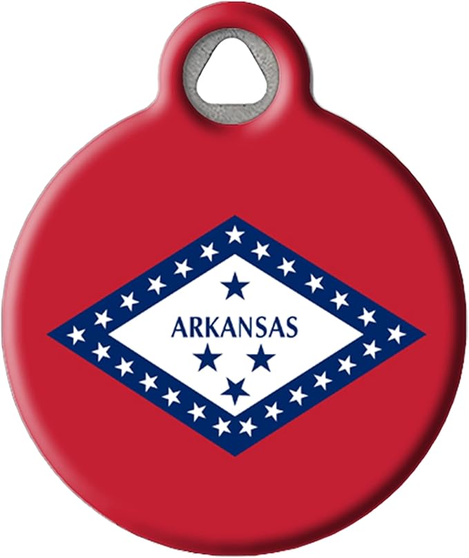 Dog Tag Art Arkansas State Flag Personalized Pet ID Tag for Dogs and Cats, Silent Polymer Coated Stainless Steel Arkansan Flag Nametag with Customized Identification Information - Small .875" Diameter