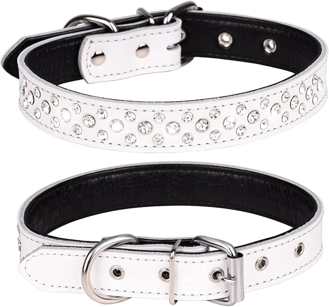 Rhinestones Dog Collar, Adjustable Sparkly Crystal Studded Genuine Leather Pet Dog Collar for Small and Medium Breeds (S fit Neck 11-13", White)