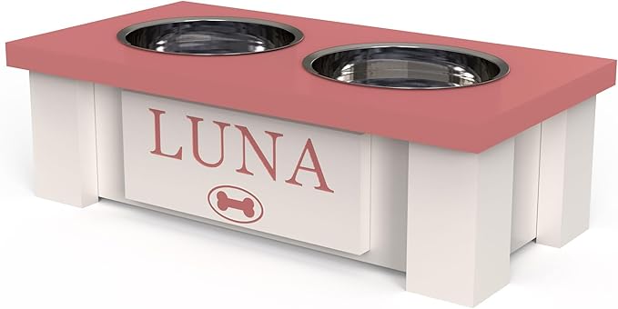 GTW Personalized Elevated Dog Bowl Stand for Large, Medium, Small, X-Small Dogs - Stainless Steel Food and Water Bowls - Raised Dog Dish with Internal Storage (X-Small, Magenta)