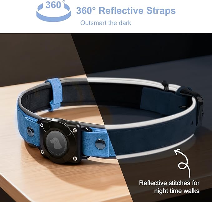 Leather AirTag Dog Collar - IPX8 Waterproof Dog Collar with AirTag Holder|Reflective, High - End, Adjustable Soft Padded |Dog GPS Collar Tracker Fit for Medium Large Dogs (Blue, L)