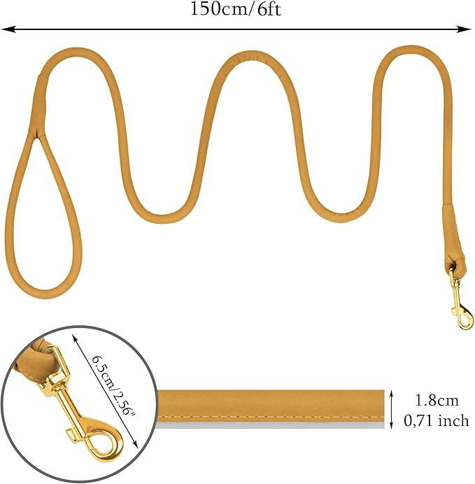 OOPSDOGGY Reflective Rolled Leather Dog Leash 6ft - Soft Training Lead for Small Medium Large Dogs Puppy - Heavy Duty Rope Puppies Leashes for Outdoor Walking Running (Camel, Medium/Large)