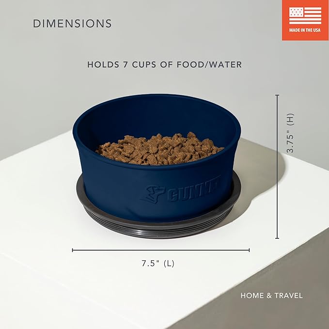 GUNNER Dog Bowl with Spill-Proof Travel Lid – 7.5" x 3.75", 1.3 lb, 7-Cup Capacity, BPA-Free, Rust-Proof, Shock-Resistant, Stackable, Dishwasher Safe, Leak-Resistant Nesting Lid – Navy