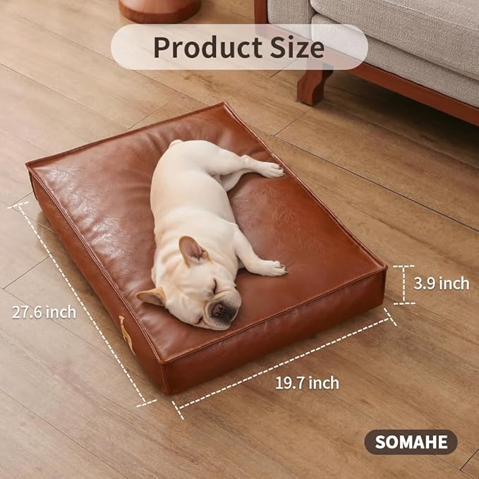 Dog Bed Medium Size Dog Orthopedic Beds for Small Dogs with Removable Washable PU Leather Cover Waterproof Brown 27.5×19.6×4inch
