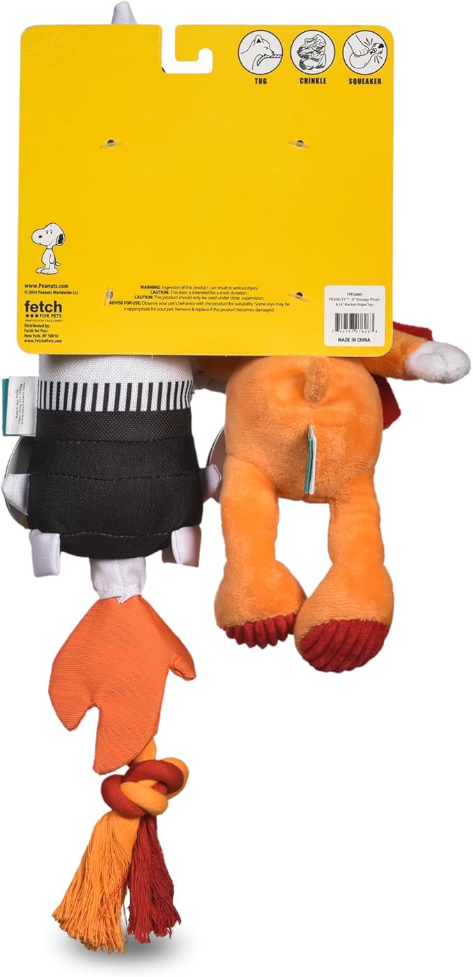 Peanuts for Pets Space Explorer Snoopy Plush and Rocket Ship Rope Tug Dog Toy Set, Squeaky Puppy Toys, Stuffed Animal, Ideal for Dog Birthday, Small and Large Dogs