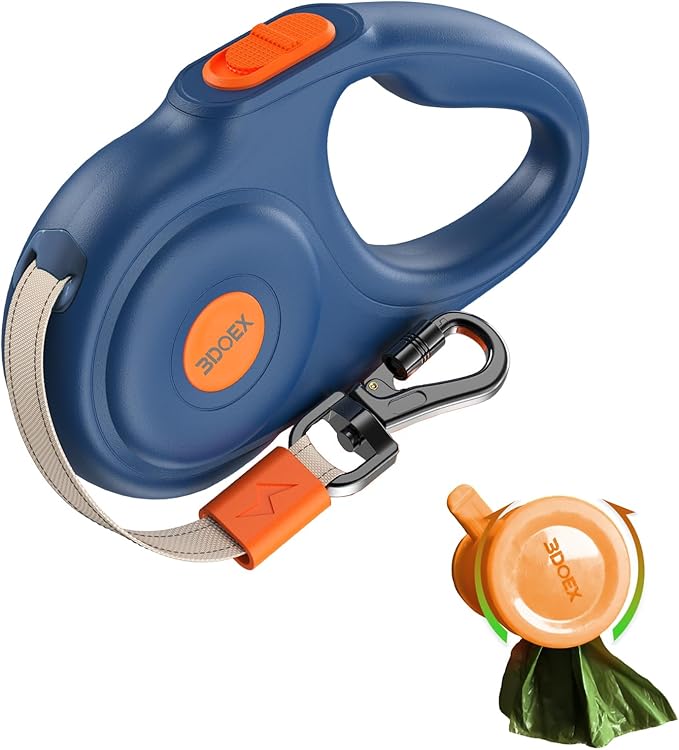 Retractable Dog Leash 16FT for Small & Medium Dogs, Sturdy Heavy-Duty Nylon Tape with Secure Locking Carabiner & Poop Bag Holder, Smooth One-Hand Control, Anti-Slip Handle, Tangle-Free Design (Blue)
