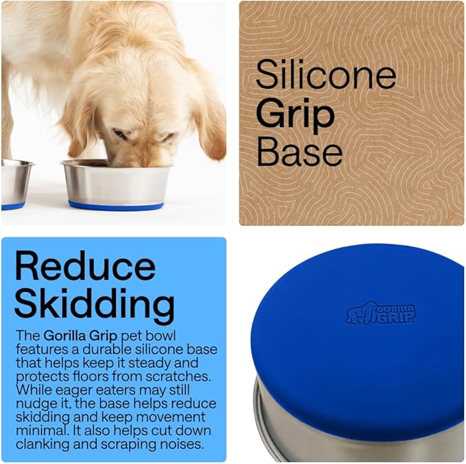 GORILLA GRIP Dog Bowls, Holds 4 Cups Each (32 fl oz), Heavy Duty Stainless Steel Food and Water Bowl for Feeding Dogs and Cats, Dishwasher Safe, Rust Resistant, BPA Free Rubber Base, Set of 2 Blue