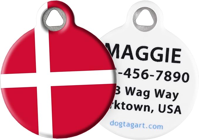 Dog Tag Art Danish Flag Personalized Pet ID Tag for Dogs and Cats, Silent Polymer Coated Stainless Steel Flag of Denmark Nametag with Customized Identification Information - Large 1.25" Diameter