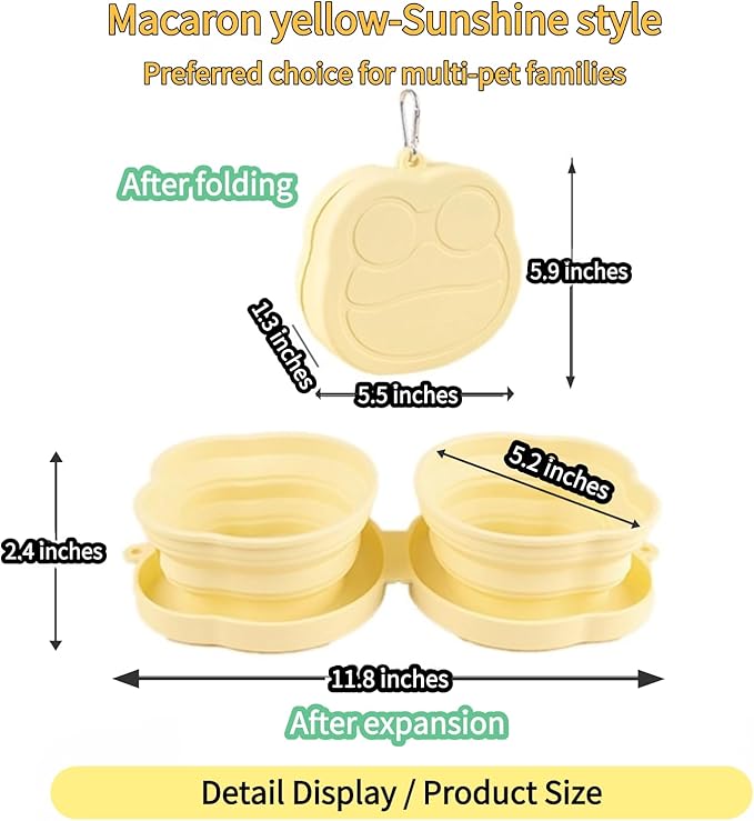 Large Dog Bowl Collapsible Dual Pet Bowl Flip Over Foldable Travel Food & Water Bowls for Dogs & Cats, Lightweight Portable 2-in-1 Double Feeder, 16.9 oz Each Bowl (Yellow)