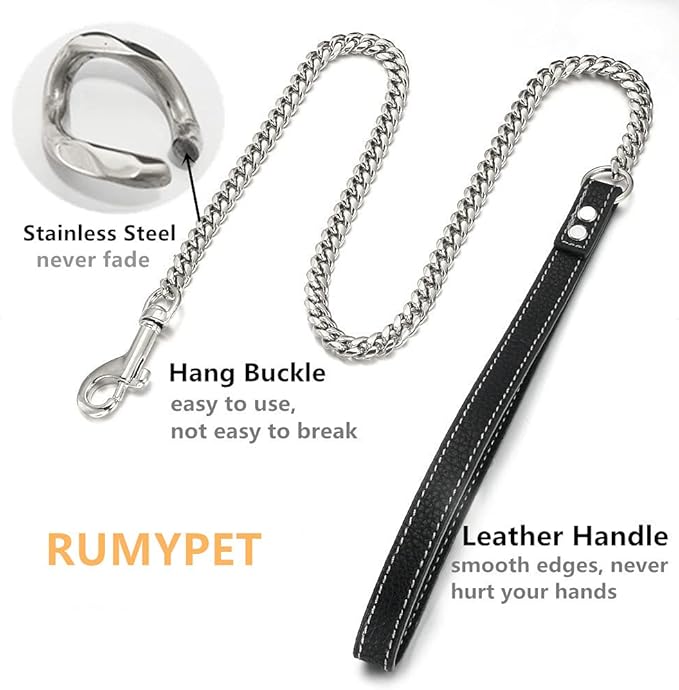 3FT/4FT/5FT Heavy Duty Silver Dog Chain Leash 10MM Stainless Steel Miami Cuban Link Chain with Durable Genuine Leather Handle for Training Walking(10mm,3ft)…