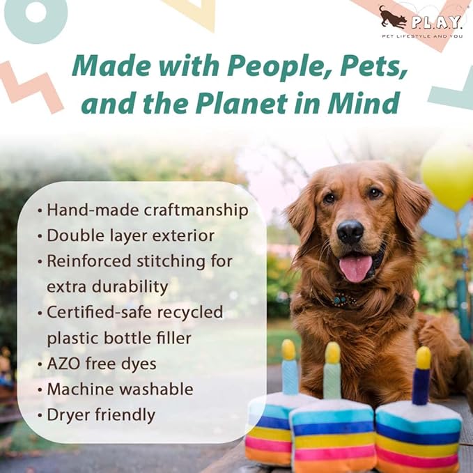 P.L.A.Y. Cute Plush Dog Toys - Birthday Party Celebration Themed Durable Squeaker Chew Toy, for Puppies & Small, Medium, Large Dogs - Machine Washable, Recycled Material (Bone-appetite Cake, X-Small)
