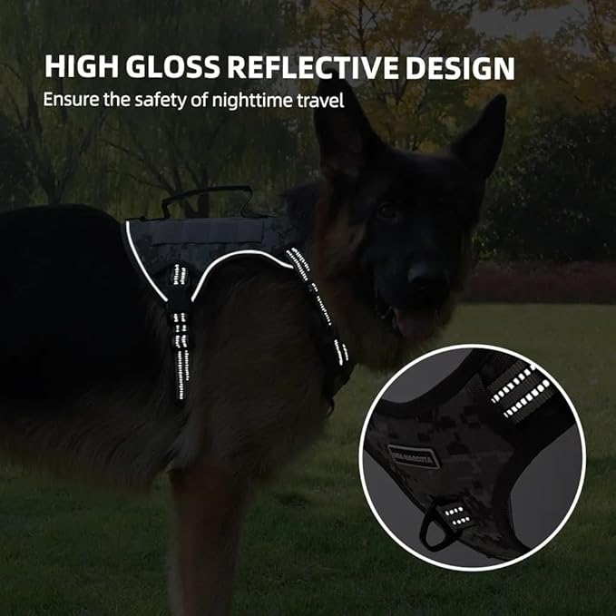 Tactical Dog Harness with Leash for Large Dogs, No Pull Adjustable Dog Harness, Reflective K9 Working Pet Vest for Walking, Training (Camouflage Grey, L)