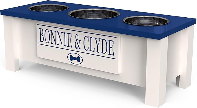 GTW Personalized Elevated Triple Dog Bowl Stand for Large, Medium, Small, X-Small Dogs - 3 Stainless Steel Food and Water Bowls - Raised Dog Dish with Internal Storage (Medium, Blue)