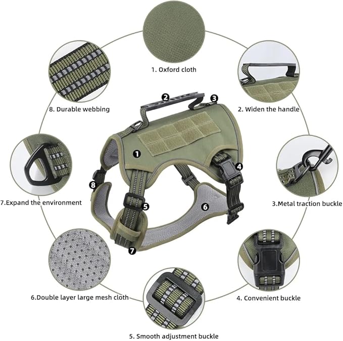 Tactical Dog Harness with Leash for Large Dogs, No Pull Adjustable Dog Harness, Reflective K9 Working Pet Vest for Walking, Training (Army Green, S)