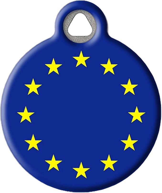 Dog Tag Art European Union Flag Personalized Pet ID Tag for Dogs and Cats, Silent Polymer Coated Stainless Steel Nametag with Customized Identification Information - Large 1.25" Diameter