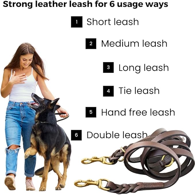 8 FT Multi-Function Leather Dog Leash, Genuine Leather Hands-Free Training Lead for Small Medium Large Dogs, Adjustable Long Leash for Walking, Hiking, Obedience Control (Dark Brown, 8 Ft)