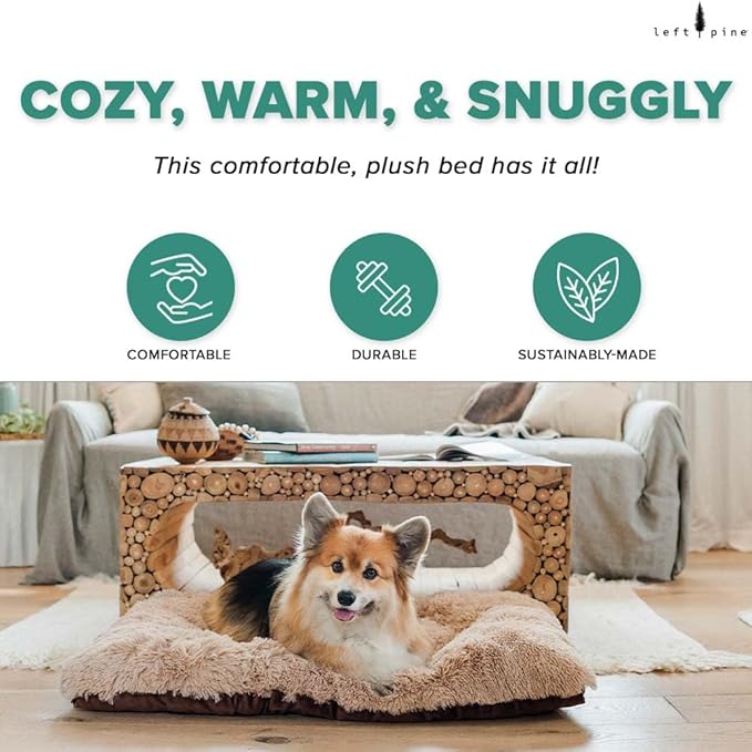Gusseted Essential Dog Mat, Plush Pet Bed - Deluxe Sleeping Mat for Puppies & Small Dogs - Fluffy, Recycled Fiber Filling, Machine Washable, Fits in Crate (Shaggy Tan, Small)