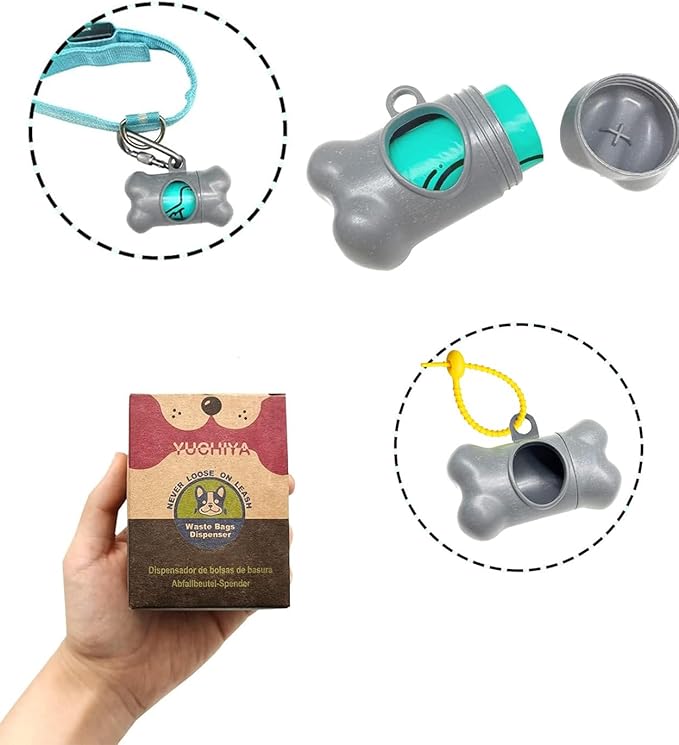 Dog Poop Pickup Bags Holder Dispenser with Standard-Sized Leak-Proof Scented Doggy Waste Bags and Carabiner with Safety Lock&Fastener Never Loose on Leash Lead Again (1 Holder 195 Bags, Grey)