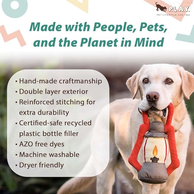 P.L.A.Y. Cute Plush Dog Toys - Camping, Outdoor Themed Durable Squeaker Chew Toy, Great for Puppies & Small, Medium, Large Dogs - Machine Washable, Recycled Materials (Camp Corbin Pack Leader Lantern)