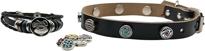 Collar & Cuff Matching Dog Collar and Owner Cuff Set with Snap Charms (M (11.5" - 15"), Black (12mm Snaps))