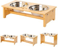 FOREYY Raised Pet Bowls for Cats and Small Dogs, Bamboo Elevated Dog Cat Food and Water Bowls Stand Feeder with 2 Stainless Steel Bowls and Anti Slip Feet (4'' Tall-20 oz Bowl)