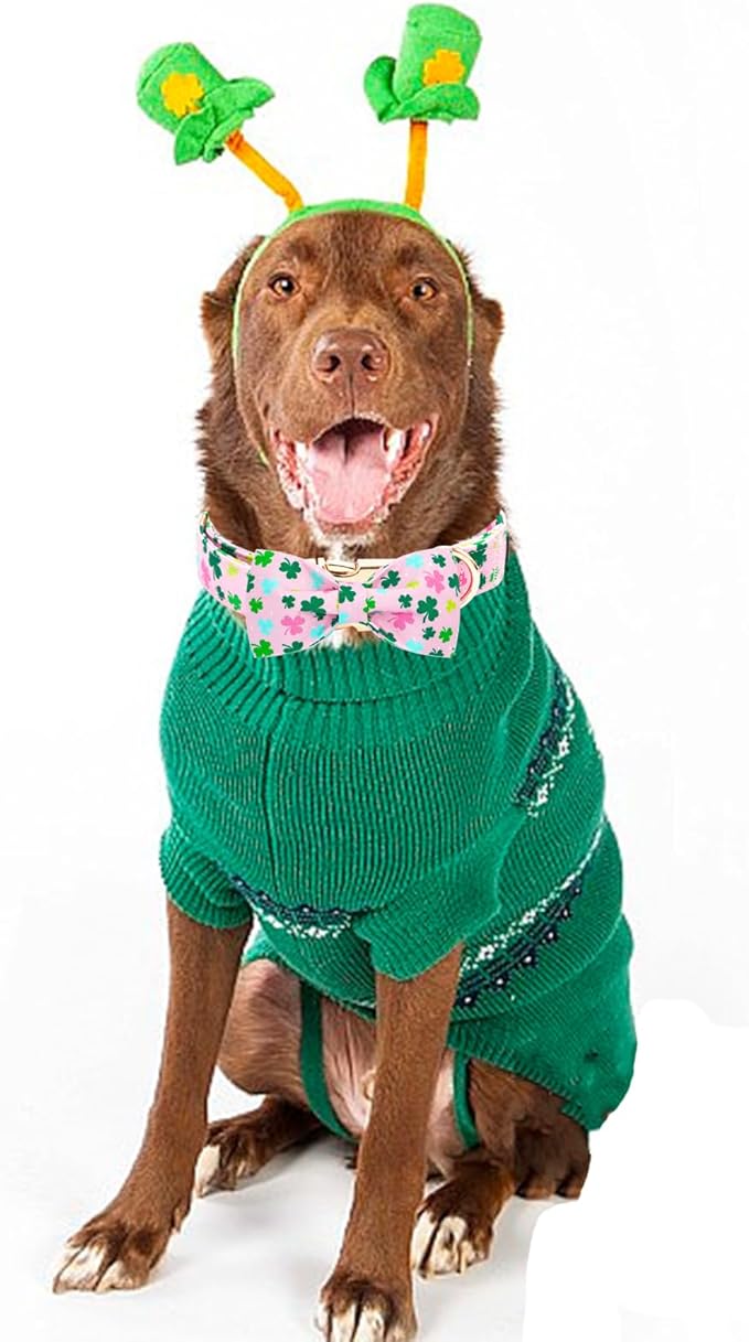 Elegant little tail St Patrick's Dog Collar, Lucky Colver Cotton Shamrock Pet Collar Trefoil Puppy Collar Bow Holiday Adjustable Cotton Pet Collar with Bow for Small Medium Large Dogs