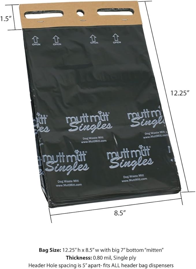 Mutt Mitt® Singles Dog Waste Header Bags - New Listing, Same 2,000 Bags perfect for 3 Dog Waste Stations - Single-Ply, thick bag with a bottom gusset, for safer, easier pick-up
