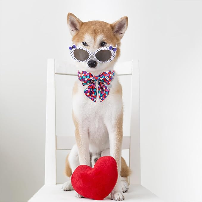 DOGWONG Valentine's Dog Collar with Saolor Bowtie, Blue Heart Bowtie Dog Collar, Adjustable Durable Pink Heart Dog Collar Cute Dog Collar for Small Medium Dogs