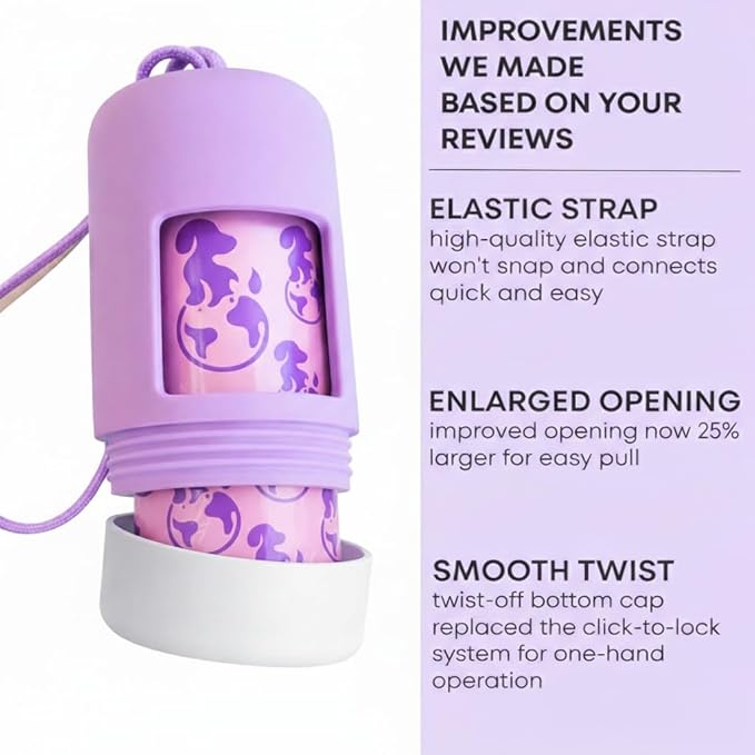 Dog Poop Bag Holder (2-Pack) | With 30 Extra-thick Dog Bags for Poop | Waste Bag Dispenser with Premium Soft-Touch Coating | Enlarged Dispense Opening, Stylish Color-Block Design (Lavender Cloud)