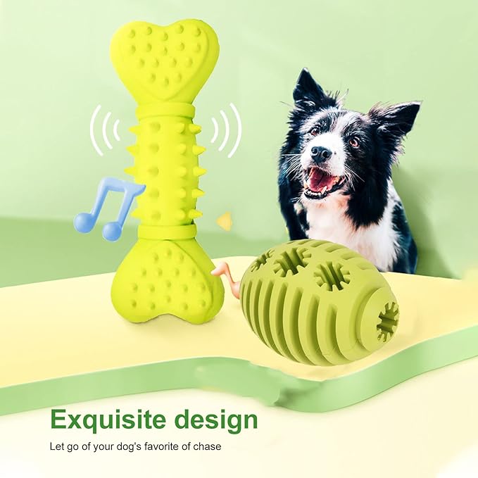 Dog Toy, Dog Football Toy Rubber Dog Puzzle Toys Tough Dog Treat Ball Toy Squeaky Dog Chew Toys Dog Balls Toy Dog Treat Dispenser Toy Interactive Dog Enrichment Toys for Medium and Large Dogs, Green