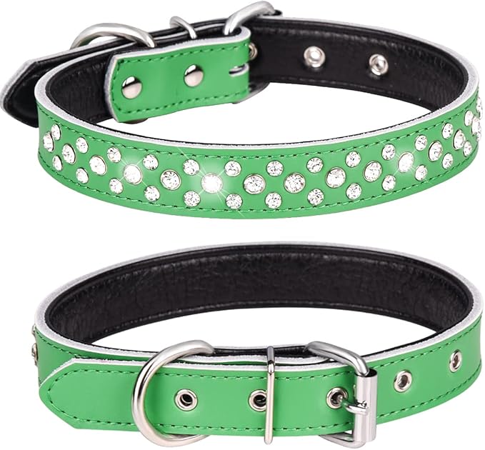 Rhinestones Dog Collar, Adjustable Sparkly Crystal Studded Genuine Leather Pet Dog Collar for Small and Medium Breeds (M fit Neck 12-15", Green)