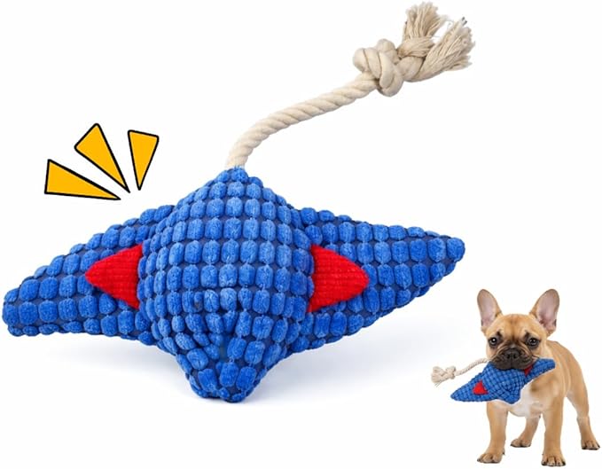 Durable Blue Fish Plush Dog Chew Toys with Squeaker – Tough Stuffed Ocean Animal with Natural and Safe Cotton Fill for Teething Puppies, Small, and Medium Breeds