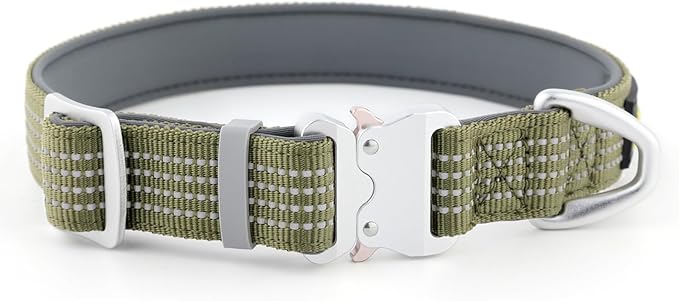 Plutus Pet Reflective Dog Collar with Aviation Aluminum Buckle, Neoprene Padded for Comfort, Lightweight, Heavy Duty Nylon Collar for Puppy Small Medium Large Dogs (Ranger Green, XL)