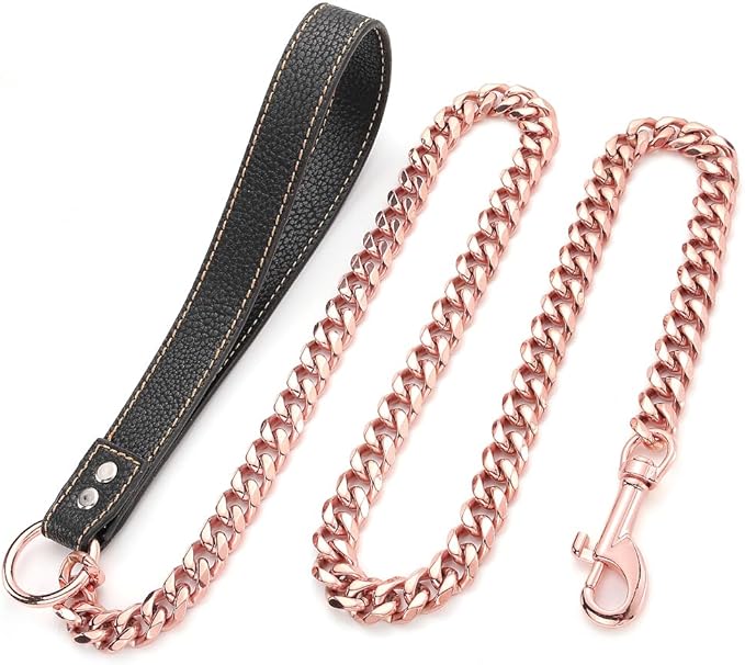 Rose Gold Dog Leash 15mm Cuban Link Chain Dog Leash Durable Stainless Steel Metal with Leather Handle for Small Medium Large Dogs 3FT/4FT/5FT(15mm,3ft)…