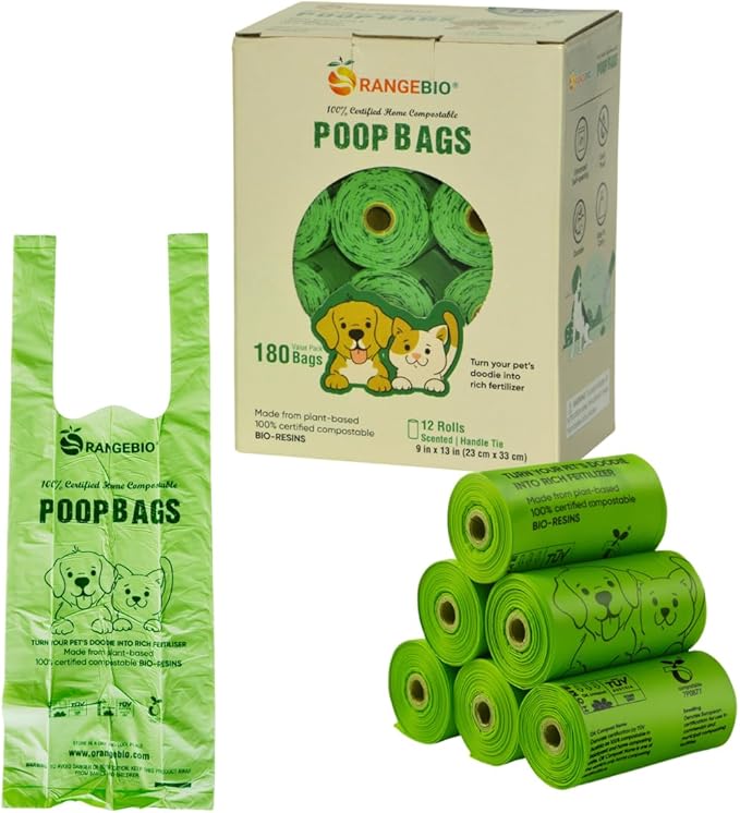 OrangeBio Dog Poop Bags with Handles, 100% Certified Home Compostable, 13 x 9 Inches - 180 Count (15 Bags per Roll, 12 Rolls), OK Compost Home