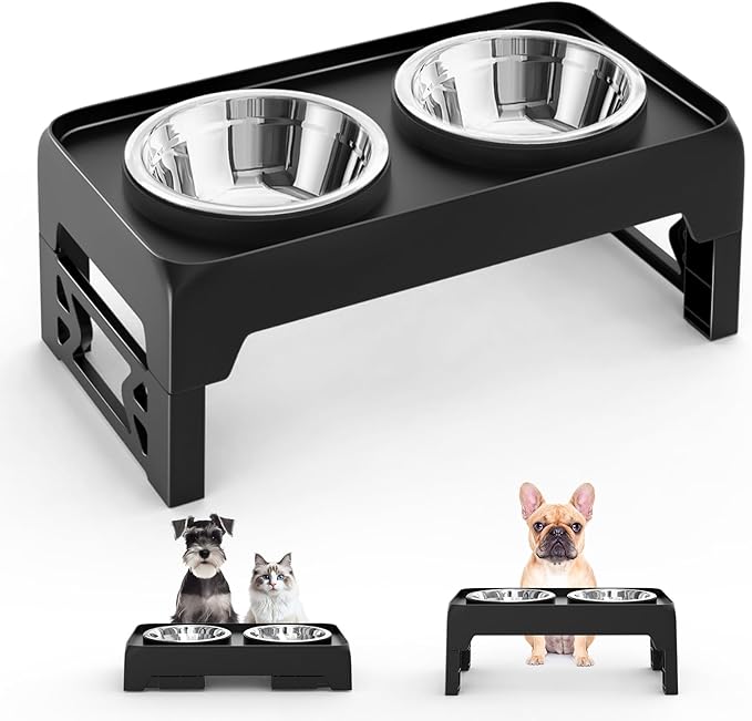 Elevated Dog Bowls for Small Medium Dogs - Adjustable Mess Proof Raised Dog Bowl Stand with 2 Premium 17oz Stainless Steel Food Bowl Dish Feeder Adjusts to 2.6’’- 5.3’’ Non-Slip Black