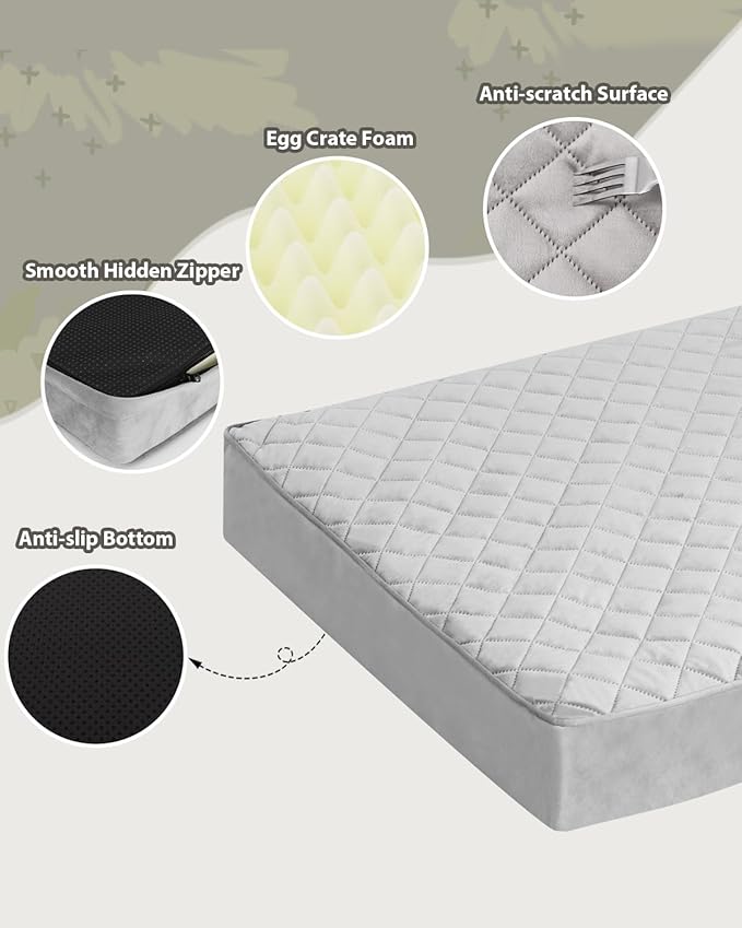 Orthopedic Dog Beds Large Sized Dog Waterproof Pet Mattress with Removable Washable Cover and Non-Slip Bottom, Quilting Mat for Crate, 35x22 Inch, Light Gray