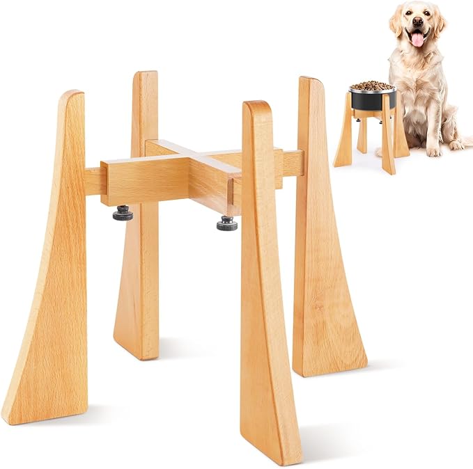 Elevated Dog Bowl Stand - Nature Beech Wood Stand 12-inch High Neck-Protecting Raised Stand for Large Sized Dog Adjustable Bowl Base Non Toxic Pet-Friendly Feeder Stand