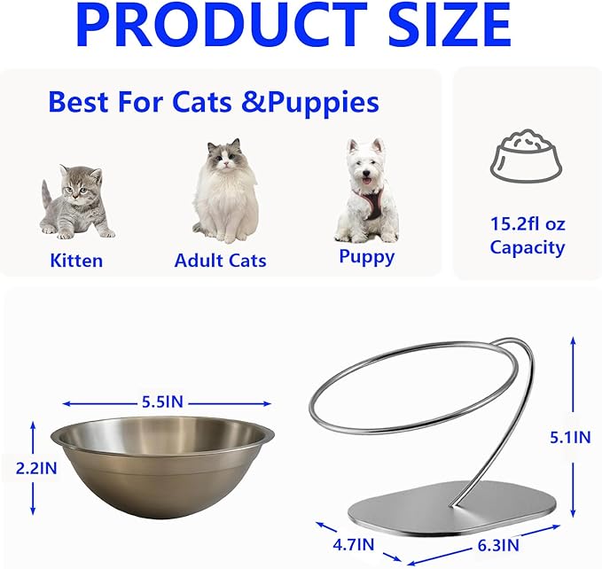Elevated Cat Bowls,15 Degree Inclined Stainless Steel Cat Bowls,Detachable Metal Bracket,Protect The Cervical Spine,Prevent Vomiting,Ergonomic Design for Healthy Eating & Digestion