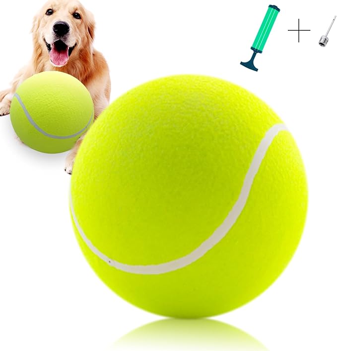Large Dog Tennis Ball - Giant 9.5" Interactive Puzzle Toy With Pump and Needle for Small, Medium, Large Dogs (Yellow)