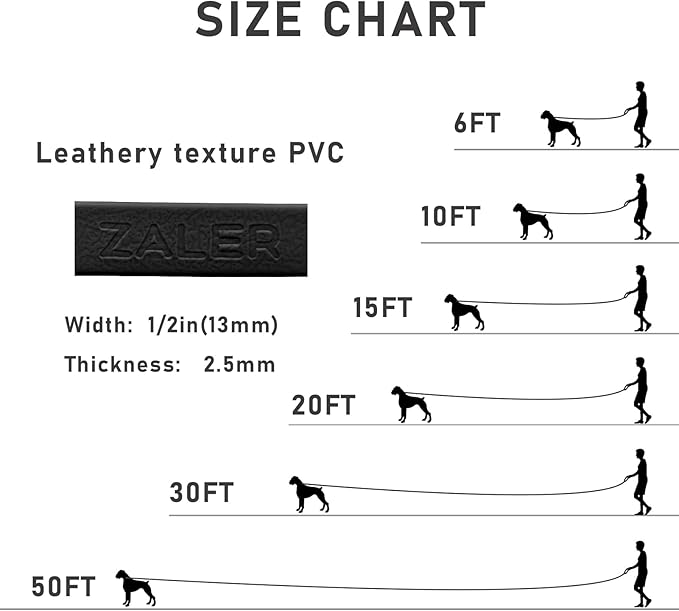 ZALER Long Dog Leash Waterproof Training Leashes 50ft 30ft 20ft 15ft 10ft 6ft, Odor Proof Recall Long Line Lead with Aviation Aluminum Carabiner Clip for Small, Medium, Large Dogs (50FT, Black)